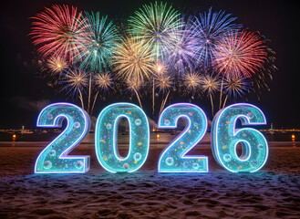 creative neon 2026 new year concept art with colorful fireworks