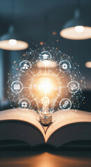 Open book, glowing light bulb, and digital network icons symbolize innovation, knowledge, education, creativity, and futuristic technology in modern learning environment