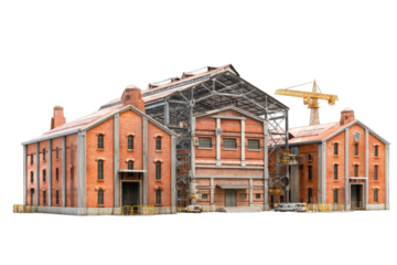 Old Industrial Brick Building with Steel Frame Structure and Crane