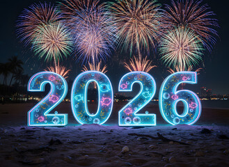 reflective beach 2026 new year greeting with illuminated neon digits