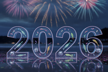 festive holiday 2026 new year background with neon signage and fireworks