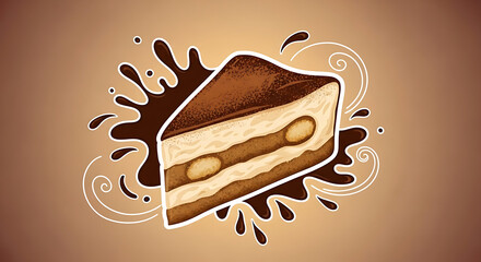 A delectable illustrated slice of multi-layered chocolate cake with a creamy filling and a rich ganache topping, set against a background with a chocolate splash and swirls
