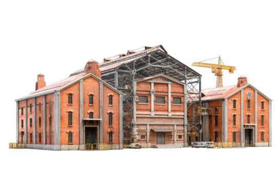 Old Industrial Brick Building with Steel Frame Structure and Crane