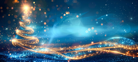 Festive glowing christmas tree of golden light on blue background