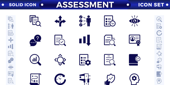 Assessment solid icons set with goals, results, process, quality, evaluation, planning, analysis, auditing, financial report, measuring, expertise