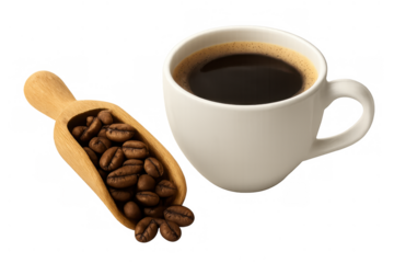 Coffee cup and wooden scoop holding roasted beans, brewing espresso or a fresh hot beverage, transparent background