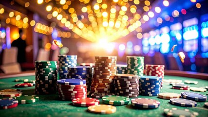 A lively casino scene with colorful poker chips stacked high on a green felt table under bright, blurred lights suggesting entertainment and gambling. - Powered by Adobe