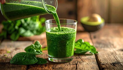 Pouring fresh green spinach smoothie into a glass on rustic wooden table.