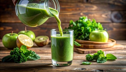Pouring Vibrant Green Smoothie into Glass with Healthy Lifestyle, and Wooden Background.
