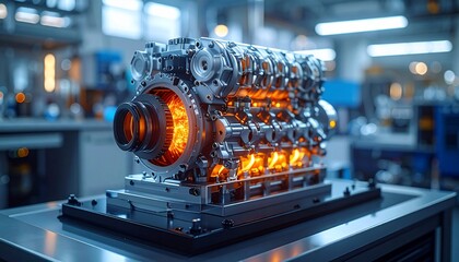 Powerful Engine Core Glowing Turbine with Engineering Assembly, and Tech Workshop Background.