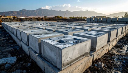 Precast Concrete Blocks at Construction Site with Stacked for Building Foundation.