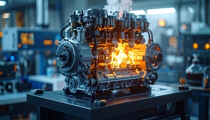 Powerful Engine on Fire in Factory Lab  Mechanical Engineering with Industrial Power.
