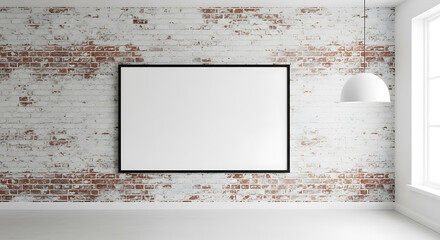Blank white canvas in black frame hanging on distressed brick wall in minimalist bright room