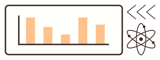 Bar graph inside a frame representing data analysis, arrows indicating progress or flow, atomic structure symbolizing science or innovation. Ideal for technology, research, education, analytics