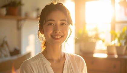 Radiant Young Asian Woman Smiling in Sunlit Home with Lifestyle Portrait.