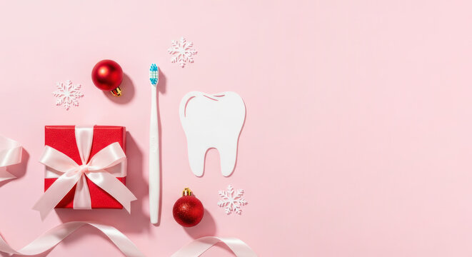 Holiday-themed flat lay with red gift box, toothbrush, tooth cutout, and ornaments on pink background, perfect for dental care promotions