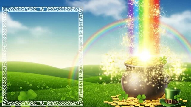 Lucky pot of gold and rainbow on green meadow, St Patrick's Day celebration joy.