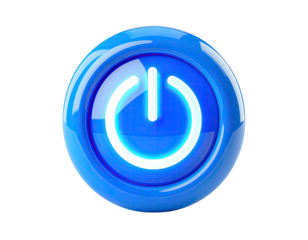 Glowing Blue Power Button Symbol Isolated on Black Background with Reflective Surface and Neon Light Effect Futuristic Technology Concept