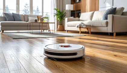 Robotic Vacuum Cleaner in Modern Living Room with Cleaning Hardwood Floor Smart Home Tech.