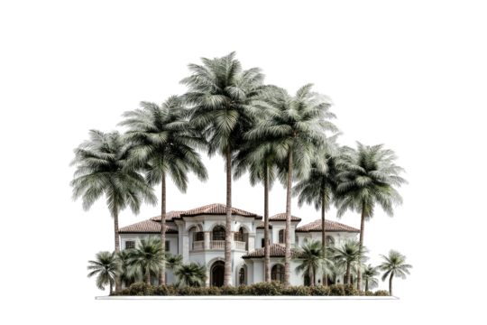 Large luxury coastal mansion with numerous majestic palm trees and ornate architecture.