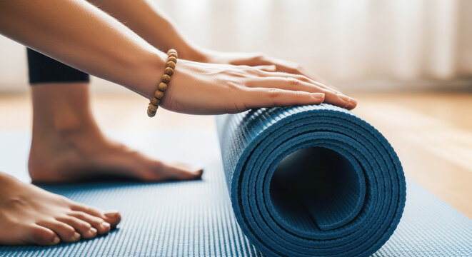 Individual is preparing yoga mat for practice, showcasing hands rolling blue mat on textured surface in a serene indoor environment