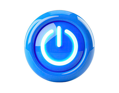 Glowing Blue Power Button Symbol Isolated on Black Background with Reflective Surface and Neon Light Effect Futuristic Technology Concept