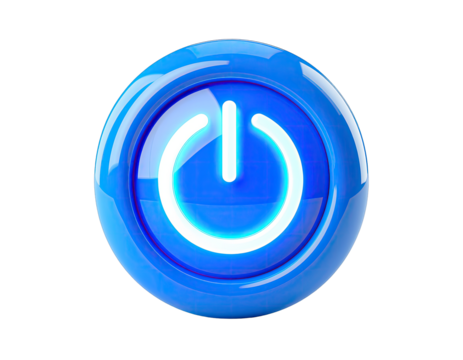 Glowing Blue Power Button Symbol Isolated on Black Background with Reflective Surface and Neon Light Effect Futuristic Technology Concept