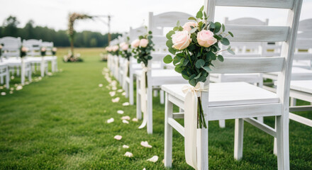 Elegant outdoor wedding ceremony setup featuring white chairs adorned with floral arrangements and scattered rose petals on lush green grass