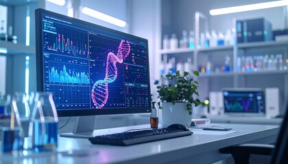 Scientific Lab DNA Analysis Computer Screen Displaying Genetic Data in Research Lab.