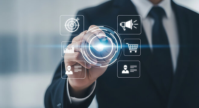 Businessman touching virtual screen with business and marketing strategy icons, showing target, graph, megaphone, shopping cart, and profile.