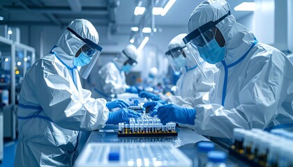 Scientists in Hazmat Suits Analyze Samples in Lab with Working on Research.