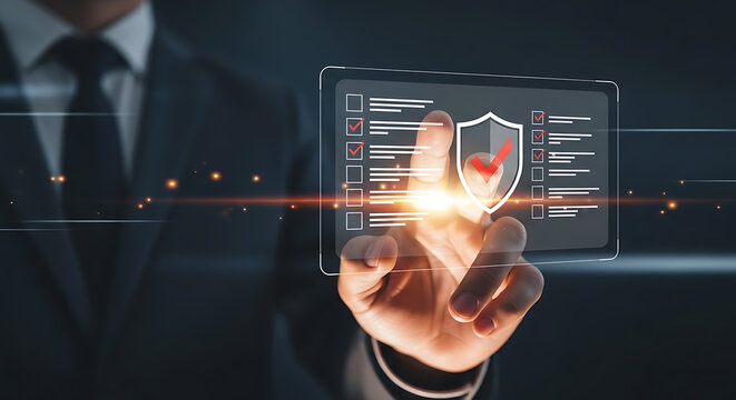 Businessman touching digital screen displaying a compliance checklist with shield, indicating data protection and security.