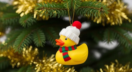 Charming yellow rubber duck Christmas ornament in a knitted hat and scarf, hanging on a festive tree, symbolizing holiday joy