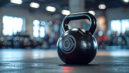 Shiny Black Kettlebell Resting on Gym Floor with Workout Equipment, Fitness, and Selective Focus.