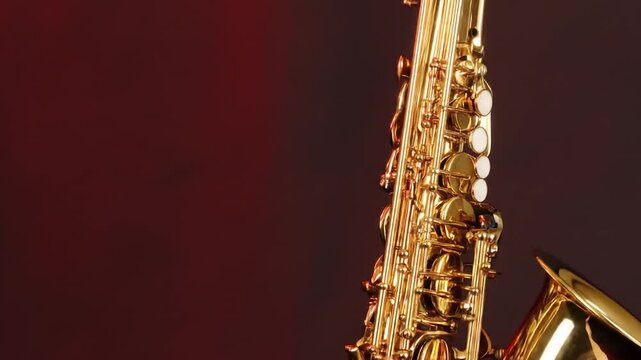 A gleaming gold saxophone, half view, against a deep burgundy backdrop, highlighting its intricate details