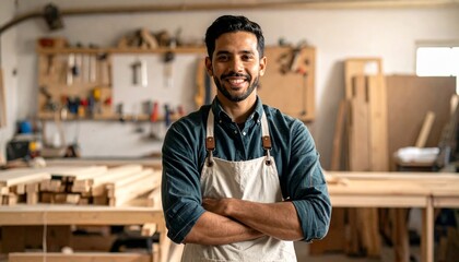 Smiling Carpenter in Workshop with Arms Crossed, Woodworking, Crafting, and Artisan.