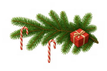 Christmas fir tree branch with candy canes and red gift box, presenting holiday season greeting concepts