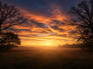 Obraz premium Cinematic Sunrise over Misty Meadow with Fiery Orange Clouds and Tree Silhouettes
