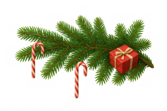 Christmas fir tree branch with candy canes and red gift box, presenting holiday season greeting concepts