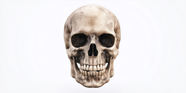 Human skull facing forward, isolated on a white background