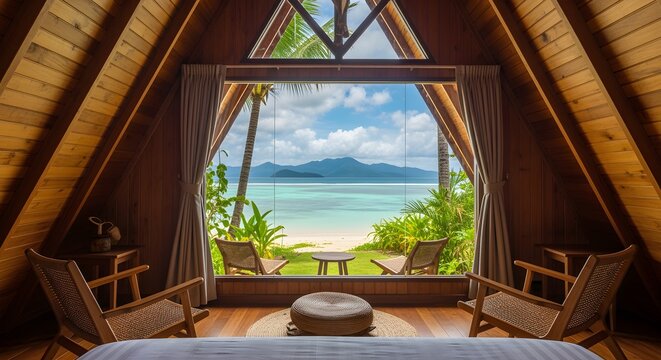 Luxurious A-frame beachfront cabin with stunning panoramic ocean views, offering a perfect tropical escape and serene vacation retreat - Powered by Adobe