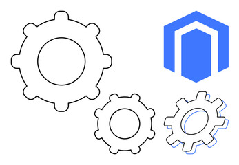Three minimal gearwheels in outline style paired with a modern blue hexagon shape. Ideal for technology, process, teamwork, productivity, software, engineering, and settings concepts. Simple flat