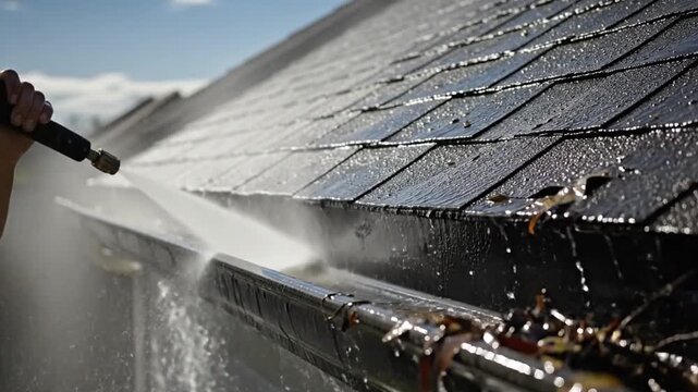 Powerful water spray cleans roof gutters in slow motion, restoring home exterior appeal
