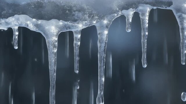 Timelapse of water dripping from icicles with droplets falling rhythmically, capturing the serene and mesmerizing flow of melting ice over time