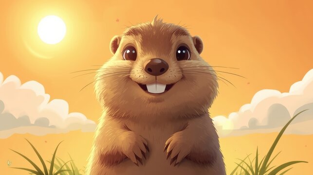 Cute cartoon groundhog smiling in the sun with fluffy clouds - Powered by Adobe