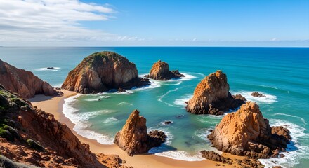 Majestic coastal landscape featuring dramatic rock formations rising from the serene blue ocean, with a pristine sandy beach under a clear sky