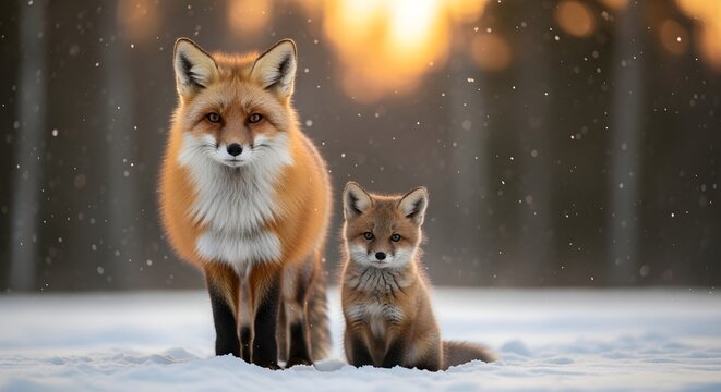 A heartwarming bond in winter a majestic red fox and its cub stand together in a snowy forest, bathed in soft golden light