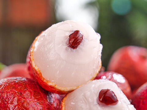 Fresh Lychee Fruit from Gaozhou China Showing White Flesh and Red Seed - Tropical Asian Delicacy