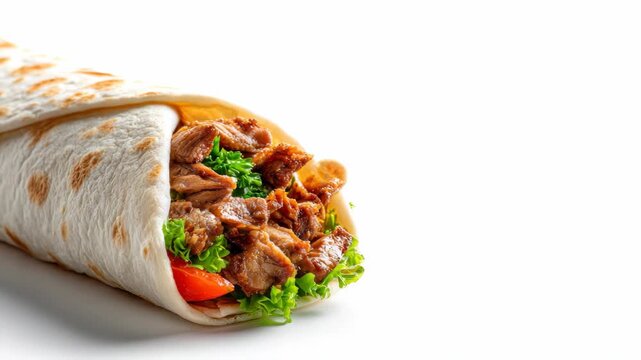 Delicious beef shawarma wrap with fresh vegetables on white background