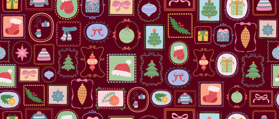 A seamless Christmas pattern with various holiday illustrations in decorative frames and vintage borders for holiday textiles or wrapping paper.